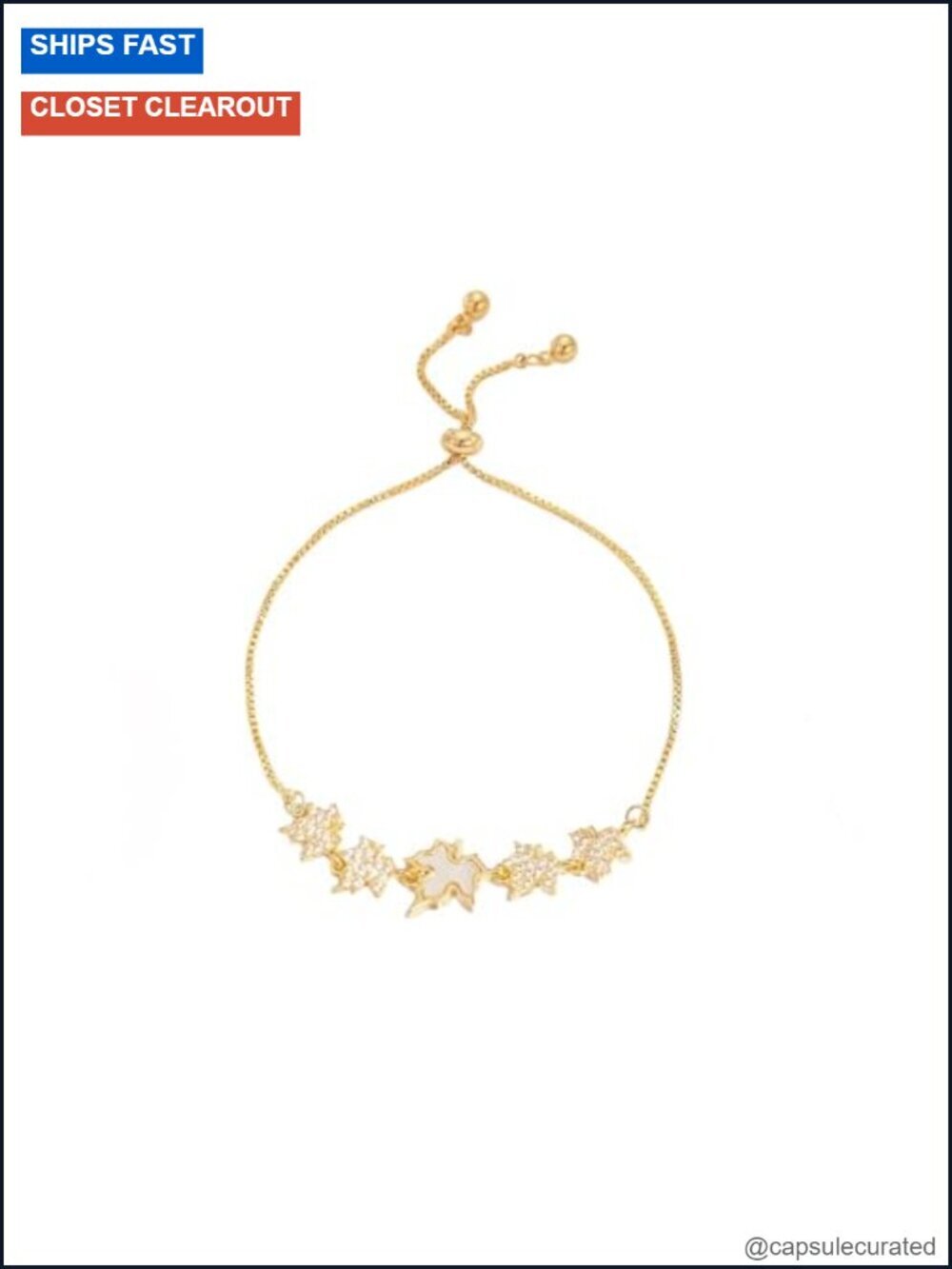 Dainty Maple Leaf Charm Bracelet with Crystal Cubic Zirconia Adjustable Chain
